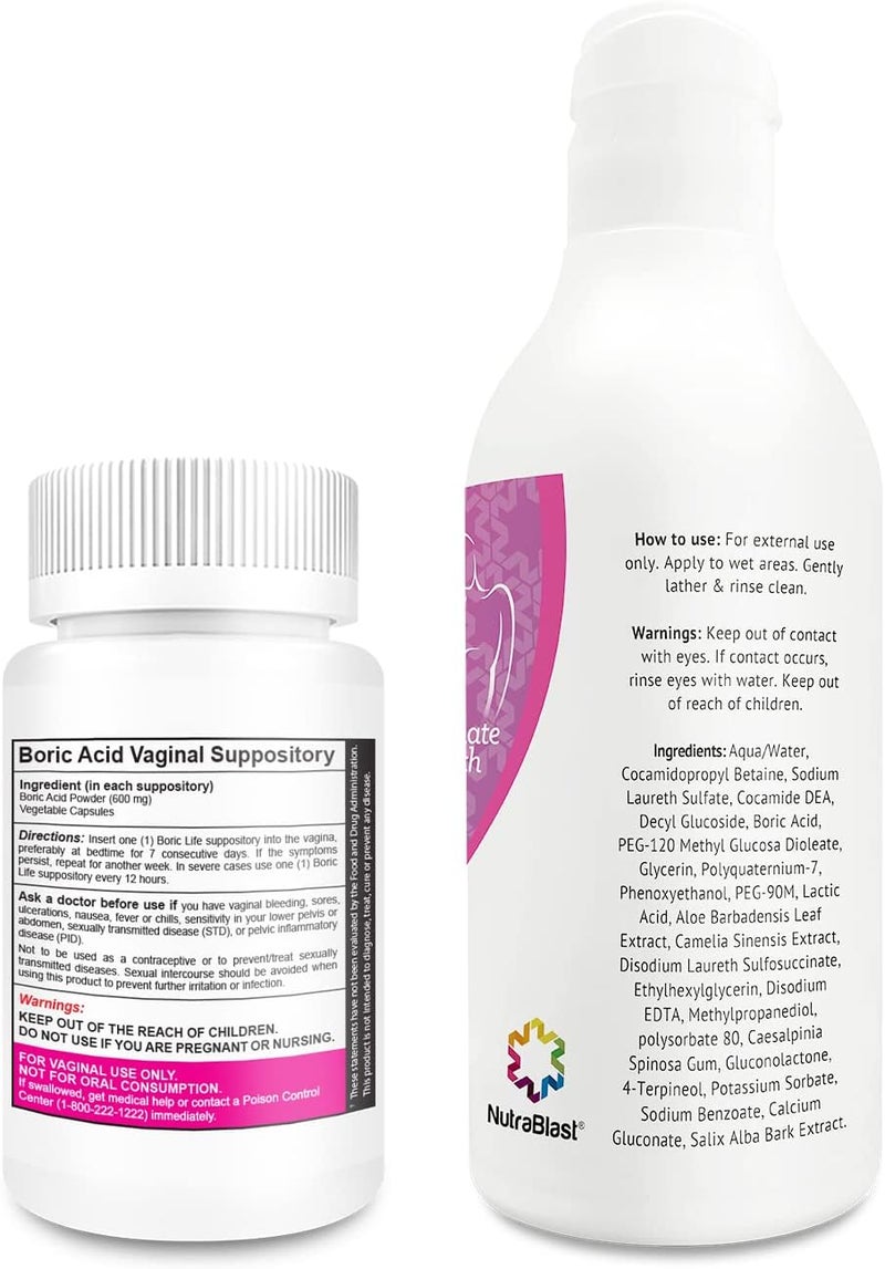 NutraBlast حزمة تحميلات حمض البوريك المهبلية مع نظيف ومنعش | يدعم التحكم في الروائح | ينظف الإفرازات | يعزز التوازن الحميم (30 قطعة و 10 أونصة سائلة) - Image 3